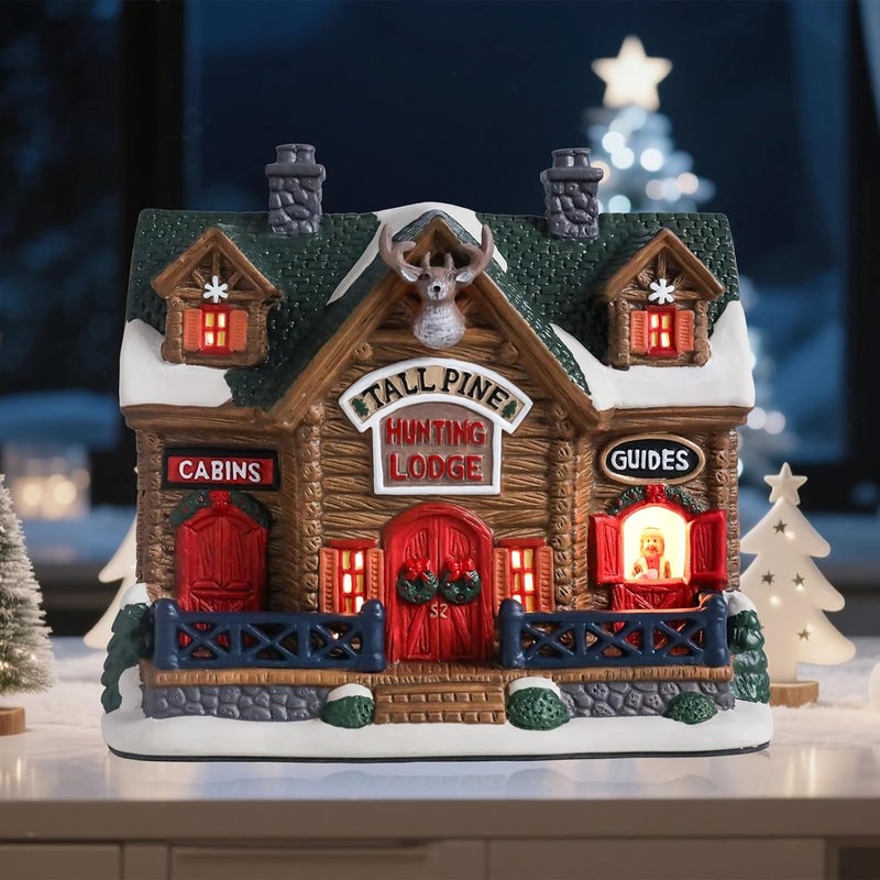 VCUTEKA Christmas Village House Lighted Indoor Decorations Hunting Lodge with LED Light Christmas Village Collectible Buildings Figurines Ceramic House Light up Figurine for Holiday Xmas Decor - Image 2